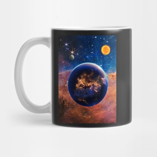 The earth planet in the space with wonderful colors of galaxy nasa webb telescope with the sun, the moon and shiny stars in the sky Mug